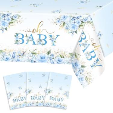 Imagem de Avezano 3 toalhas de mesa de chá de bebê azuis florais Oh Baby toalhas de mesa de plástico descartáveis, 108 x 54 azul, decorações de festa para meninos Gils Gils Gender Netural