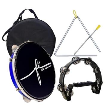 Imagem de Kit Pandeiro Fé Pele Preta + Capa + Triângulo + Meia Lua (Azul)