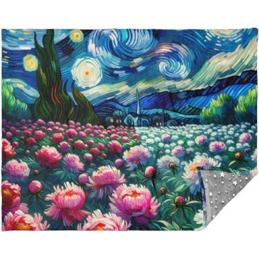 Imagem de TSENQUE Cobertores grandes de flores de peônia para noite estrelada para sofá de carro para mulheres 178 cm x 139 cm cobertores quentes estampados