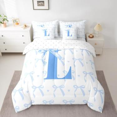 Imagem de jejeloiu Lindo conjunto de edredom infantil com laço azul e lençol solteiro, monograma para meninos e meninas, 7 peças, cama em uma bolsa, com letra G, lindo laço de coquete, decoração de quarto