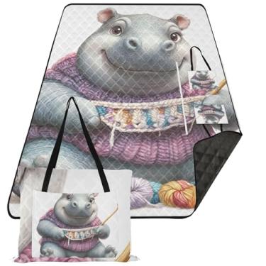 Imagem de TSENQUE Tapete de praia com animais de hipopótamo fofo, sem areia, impermeável, dobrável, cobertor de piquenique, tapete de brincar ao ar livre para grama, 203 x 152 cm