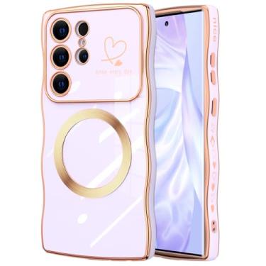 Imagem de Meshine Para Samsung Galaxy S24 Ultra, [compatível com MagSafe] Linda moldura ondulada encaracolada luxuosa com coração de amor, capa de proteção total para câmera de TPU macio, lavanda