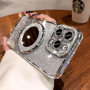 Imagem de Capa compatível com iPhone 15 Pro Max com suporte para mulheres, (capa transparente ou 2 em 1), suporte de anel brilhante fofo, protetor de câmera de strass, [compatível com Magsafe], prata