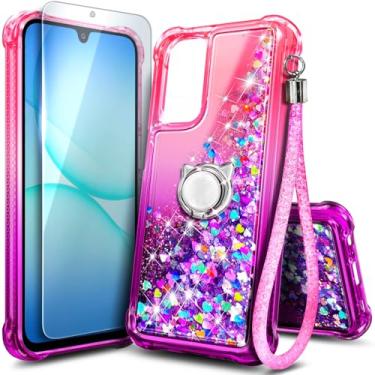 Imagem de WDHD Capa de telefone compatível com Samsung Galaxy A26-5G rosa/roxo | Capa fofa com glitter brilhante brilhante com cachoeira líquida flutuante para mulheres meninas crianças com suporte de anel