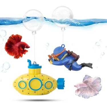 Imagem de CousDUoBe Mini decoração de aquário submarino flutuante de 5,3 cm, lindo conjunto de submarinos retrô e mergulhador flutuante, acessórios para aquário de peixes betta resinosos