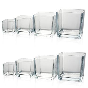 Imagem de Conjunto de vasos de vidro quadrados de 8 peças (6 cm/7,9 cm/10 cm/12 cm), vasos de flores transparentes para casamento/decoração de casa, recipientes de exibição de base grossa