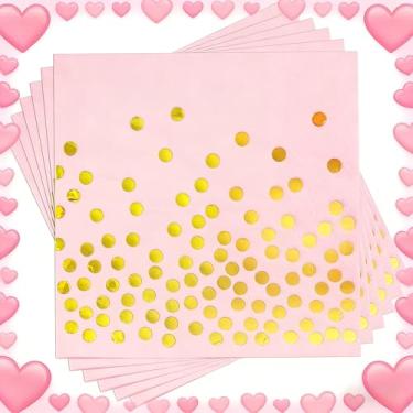 Imagem de joy akkess- Pacote com 100 guardanapos rosa descartáveis - guardanapos de festa com bolinhas douradas, guardanapos de papel rosa claro para aniversário, jantar, aniversário, suprimentos para festa de