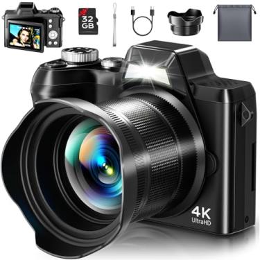 Imagem de Câmera digital 4K para fotografia – Câmera vlogging de 56 MP com foco automático para YouTube/criadores de conteúdo/viagens, câmera de vídeo zoom 16X com tela flip de 7.6 cm 180° e para-sol para