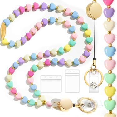 Imagem de Toykee Cordões com porta-crachás de identificação para cartão de chaves de professores - Colar de contas retrátil com coração feminino breakaway cordão com suporte para crachá navio de cruzeiro