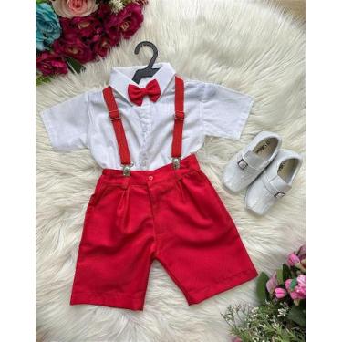 Imagem de Conjunto Camisa Branca com Suspensório e Gravata Borboleta Vermelha Mi