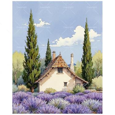 Imagem de Kit de pintura de lavanda por números para adultos – Casa DIY com campo de lavanda e pintura de ciprestes em tela, conjunto de tinta acrílica, arte para decoração de casa ou presentes (moldura de 30 x