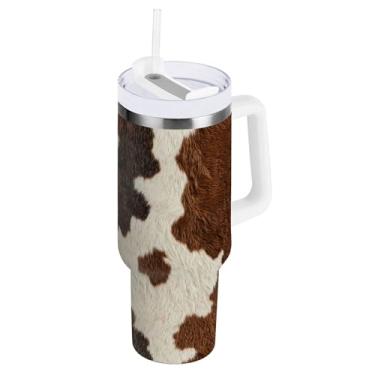 Imagem de SEHANY Copo de vaca marrom e branco de 1,134 g com alça, copos isolados de aço inoxidável a vácuo de parede dupla à prova de vazamento, copo de viagem isolado cabe no suporte de copo de carro