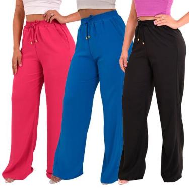 Imagem de Kit 3 Calça Pantalona Feminina Cintura Alta Tendência Larga Altíssima 