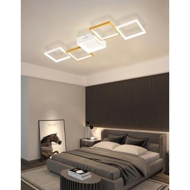 Imagem de Luminária de teto LED moderna e simples com moldura quadrada, dimerizável e com controle remoto, ideal para sala de estar, quarto e sala de jantar (branco + dourado, 5 lâmpadas).
