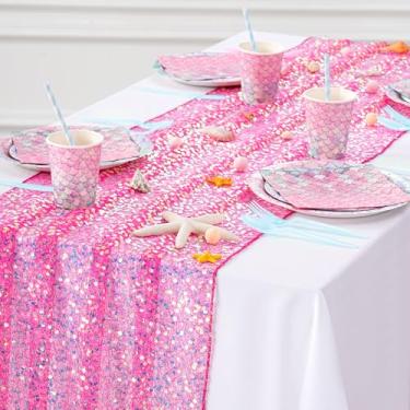 Imagem de Corredor de mesa rosa choque para meninas, para festas, 63 x 300 cm, elegante corredor de mesa para festa de sereia, casamento, cerimônia de aniversário