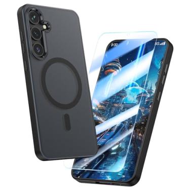 Imagem de MILPROX Capa magnética para Samsung Galaxy S25, 【Protetor de tela grátis】【Compatível com MagSafe】 Botão de metal e moldura de lente translúcida fosca traseira, capa protetora (preto)