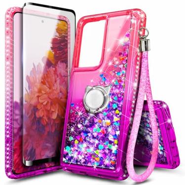 Imagem de Capa NGB projetada para Samsung Galaxy S21 Ultra e S21 Ultra 5G, rosa/roxo | Capa fofa com glitter líquido brilhante para mulheres, meninas e crianças | com protetor de tela, suporte de anel e cordão