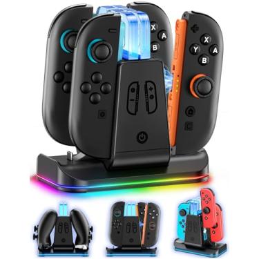 Imagem de Carregador para controle Joycon 2/1 e Pro, base de carregamento Joy con com 9 modos de luz RGB, estação de carregamento 6 em 1 para 4 Joycons/2 controles Pro com indicador LED