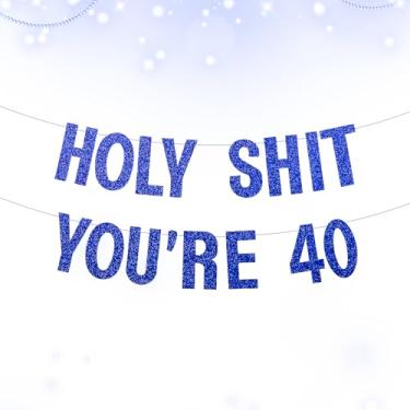 Imagem de Decorações engraçadas de aniversário de 40 anos para homens e mulheres, faixa grande pré-amarrada rude Holy Shit You're Old Banner, suprimentos de festa de aniversário de marco com glitter, cartolina