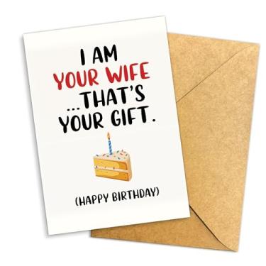 Imagem de Podagree Cartão de aniversário engraçado "I Am Your Wife That's Your Gift" para marido, cartão sarcástico de humor de esposa para marido com ilustração de bolo – 20 x 13 cm com envelope