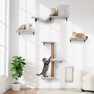 Imagem de Prateleiras de parede 5 em 1 para gatos, móveis de escalada de vários níveis, poleiro e lounge para gatos internos, prateleiras montadas na parede para brincar e descansar (madeira natural) - cinza
