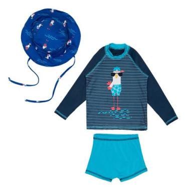 Imagem de Conjunto Blusa E Sunga + Chapéu Menino Proteção Uv Praia - Gaivota Azu