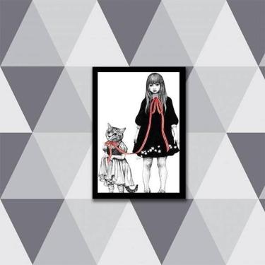 Imagem de Quadro Menina Com Gatinho 45X34Cm - Com Vidro Moldura Preta