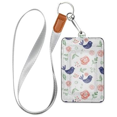 Imagem de Burbuja Porta-crachá de couro com cordão, etiqueta de identificação de flores de pássaros com 1 janela transparente para identidade e 2 compartimentos para cartão para escritório, enfermeira