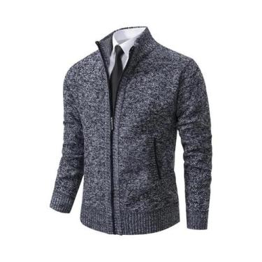Imagem de Cardigã Masculino De Fleece Quente Com Zíper, Cor Sólida, Gola Alta, C