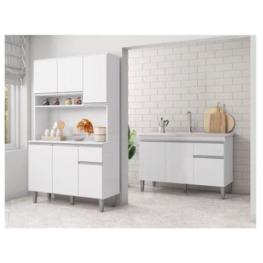Imagem de Balcão De Pia Tatiane 120 Cm E Armário Cozinha Kit Márcia Ambiente Branco Brilho - Ajl