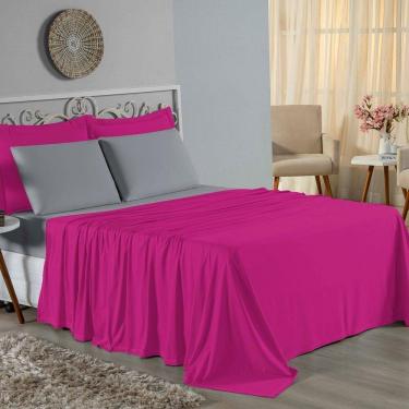 Imagem de Jogo De Cama Casal Nobre 4 Peças Lençol Com Elástico De 30cm De Altura Malha 100% Algodão - Pink / Cinza