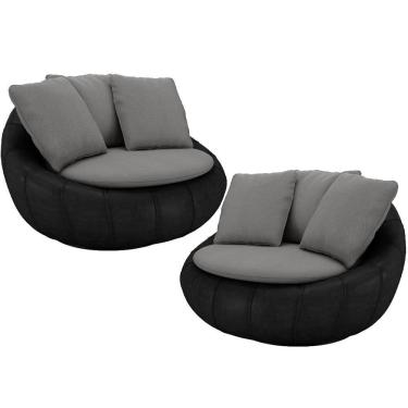 Imagem de Kit 02 Poltronas Para Sala De Estar Decorativa Giratória Kira Couríssimo Preto Linho Cinza - Lyam Decor