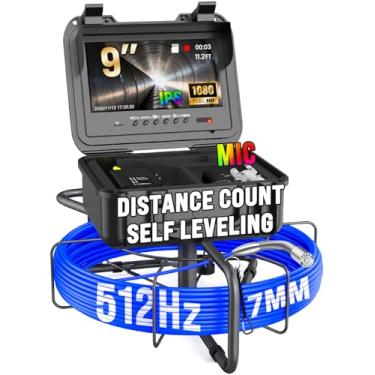 Imagem de Câmera de esgoto com autonivelamento e contagem de distância, câmera à prova d'água Sonde 512Hz IP68, inspeção de drenagem de tubo de 9 polegadas com 12 peças de luz, DVR com cartão de 32 GB, cabo de