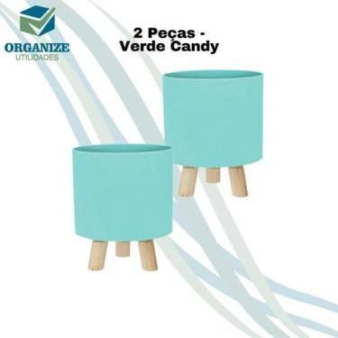 Imagem de Kit com 2 Cachepot Retro pé Madeira Decoração - PRODUFEST, Verde Candy