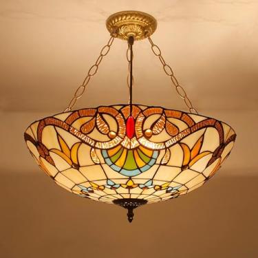 Imagem de Lustre estilo Tiffany de 20 polegadas, luminária pendente vintage feita à mão com vitral, teto LED E27 ajustável em altura para sala de estar, quarto, decoração de sala de jantar, E