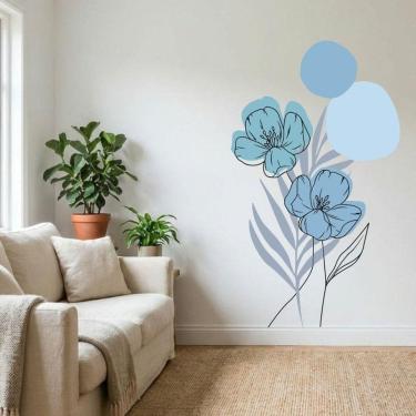 Imagem de Adesivo Floral Boho Azul Estilo Nórdico 88x150 Minimalista Abstrato