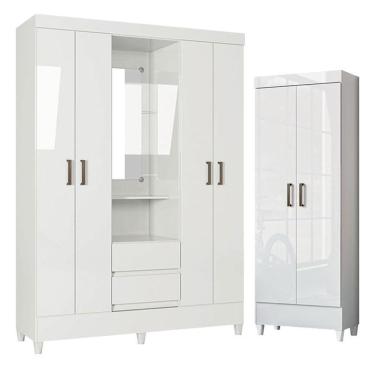Imagem de Guarda Roupa Solteiro 4 Portas Com Pés Capelinha Fit E Armário Multiuso Fit Branco Brilho-santos Andirá
