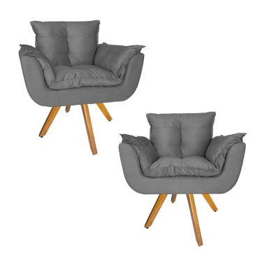 Imagem de Combo 2 Poltrona Decorativa Base Giratória De Madeira Salão Opala Suede Cinza - LM DECOR