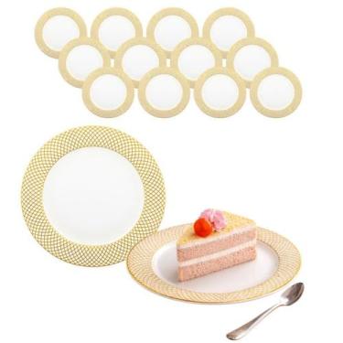 Imagem de Kit 12 Prato Raso De Porcelana Branco Com Borda Dourada 20cm - Haüskra