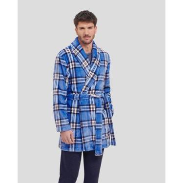 Imagem de Roupão Curto Feminino Xadrez Macio Azul Lohe, Azul, GG