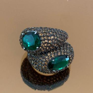 Imagem de Anel Duplo Champanhe de Prata Olhos de Esmeralda - Bia Joias Contempor