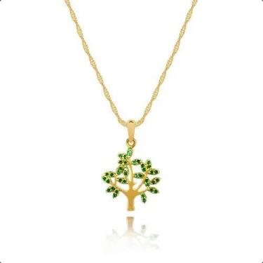 Imagem de Cordão Feminino Ouro 18k 40cm + Pingente Árvore Da Vida Verde Esmerald
