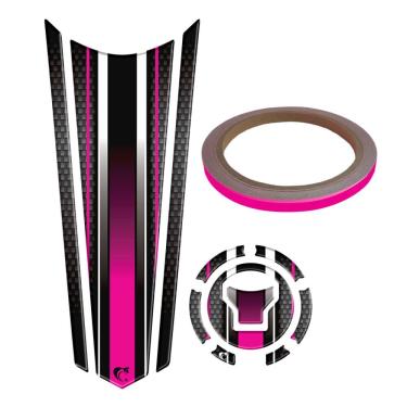 Imagem de Kit Protetor Tanque Gravata Pink com Bocal e Friso Moto Pink Preto Resinado 3D Teu Adesivo
