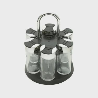 Imagem de Conjunto 7 peças porta temperos de vidro com tampa de plástico e base giratória preta Luigi Bon Gourmet - 26889