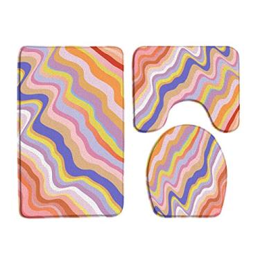 Imagem de Conjuntos de tapetes de banho listrado rosa moda simples tapete de porta de flanela decoração geométrica do banheiro antiderrapante tapete de tampa de vaso sanitário 3 peças/conjunto, 1708AG, conjunto de 3 peças, 45x75 cm, conjunto de 3 peças