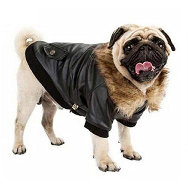 Imagem de Foern Jaqueta de couro para cães casaco de inverno, impermeável à prova de vento quente para cães pequenos gatos roupas para filhotes chihuahua buldogue Schnauzer, preto, P: 36 cm/14,2 pol