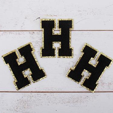 Imagem de Pacote com 3 adesivos de Chenille Iron On Glitter Varsity Letter 8 cm de altura "H" - Tecido de chenille preto com acabamento em glitter dourado - Costurar ou passar a ferro - 8 cm preto A