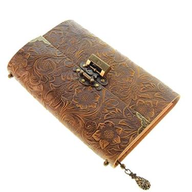 Imagem de Caderno de viagem de couro macio com padrão em relevo com chave de bloqueio, bloco de notas, escrita de esboço de negócios, bronze