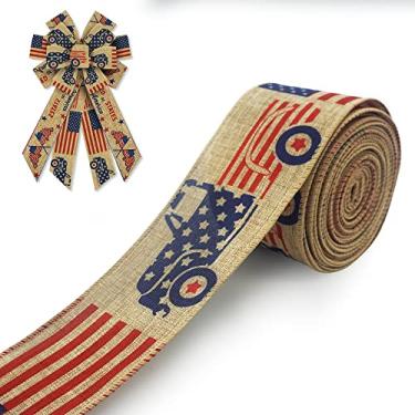 Imagem de 4 de julho fita de juta patriótica fitas de borda com fio fitas da bandeira americana fitas de caminhão vintage EUA para o dia da independência Memorial Day artesanato DIY decorações de embrulho de presente 6,3 cm x 10 jardas
