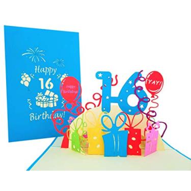 Imagem de iGifts And Cards Cartão de felicitações pop-up 3D Happy 16th Birthday with Presents – Presente de doce dezesseis neta, incrível presente exclusivo de 16 netos, cartão de aniversário especial de 16 anos para filho, filha